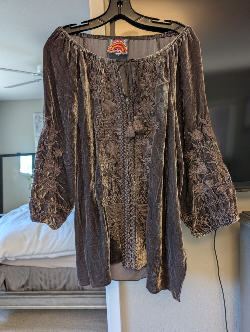 Johnny Was Charcoal Grey Crushed Velvet Peasant Embroidery Top Top with Tassels